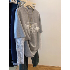 批发大码300斤灰色刺绣蕾丝拼接长袖t恤女2025春<b class='q'>夏</b>新款假两件防晒上衣