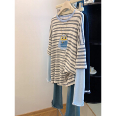 批发胖MM大码300斤假两件条纹卡通长袖T恤女春秋款宽松大版减龄打底衫