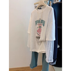 批发胖妹妹300斤大码独特好看蕾丝网纱长袖假两件上衣女春季宽松T恤衫