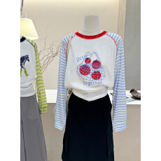 批发胖妹妹300斤大码清新小众插肩条纹雪花棉长袖上衣女<b class='q'>春</b>季宽松T恤衫