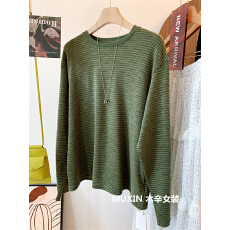 批发大码绿色<b class='q'>条纹</b>长袖T恤女装春季复古慵懒风宽松遮肉显瘦<b class='q'>打底衫</b>上衣