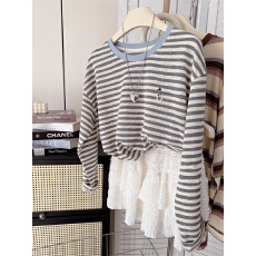 批发加大码300斤胖MM条纹长袖T恤女<b class='q'>春</b>季爆款慵懒宽松休闲百搭圆领上衣