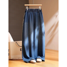 批发复古大码松紧腰休闲牛仔裤女春<b class='q'>夏</b>新款胖mm宽松遮垮显瘦直筒阔腿裤