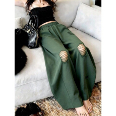批发300斤大码美式复古纯色破洞阔腿裤男女<b class='q'>夏</b>季韩版显瘦慵懒风裤子潮