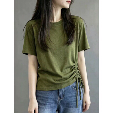 批发大码简约风白色圆领抽绳正肩短袖T恤女<b class='q'>夏</b>季胖MM宽松显瘦遮肉上衣