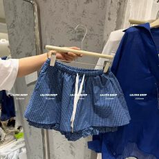 批发特<b class='q'>大码</b>300斤夏季新款抽绳蓝色格子花苞裤裙女装百搭a字半身裙短裙