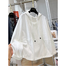 批发胖MM大码300斤白色轻薄微透连帽长袖T恤女<b class='q'>春</b>夏宽松大版防晒外搭衫