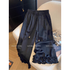 批发加<b class='q'>大码</b>300斤裤脚拼接木耳边花纹阔腿裤男女夏季醋酸缎面直筒长裤