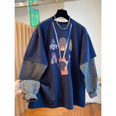 批发胖妹妹300斤大码韩系超火假两件格子长袖上衣女秋冬宽松T恤打底衫