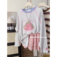 批发甜美洋气~大草莓<b class='q'>春</b>季新款女宽松大码上衣韩系柔软舒适休闲长袖T恤