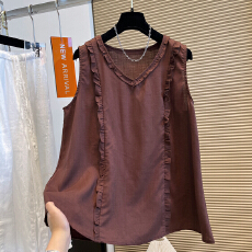 批发<b class='q'>大码</b>女装胖mm300斤麻感V领木耳边无袖上衣女背心宽松漂亮独特小衫
