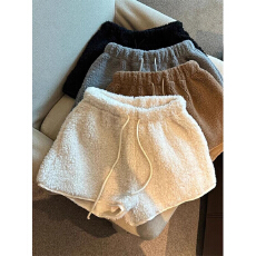 批发胖mm松紧腰大码抽绳羊羔毛短裤女冬季设计感加厚保暖宽松外穿休闲
