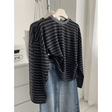 批发胖MM300斤大码韩版chic松弛感磨毛条纹长袖打底衫女秋<b class='q'>冬</b>宽松上衣