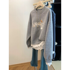 批发特大码300斤刺绣拼接蕾丝花边加绒卫衣女