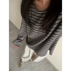 批发大码休闲条纹圆领长袖T恤女秋冬加厚内搭打底衫胖MM<b class='q'>宽松</b>显瘦上衣