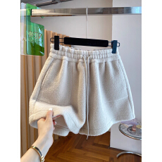 批发胖MM大码300斤羊羔毛加厚休闲阔腿短裤女春秋季显瘦撞色松紧裤冬