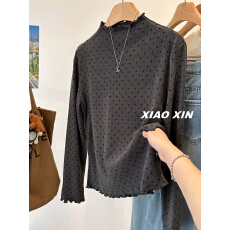 批发胖妹妹300斤大码时髦复古木耳边波点磨毛打底衫女早<b class='q'>春</b>立领长袖T恤