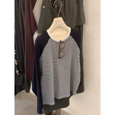 批发胖mm大码复古拼接条纹长袖t恤女<b class='q'>春</b>秋宽松慵懒风打底衫内搭上衣潮