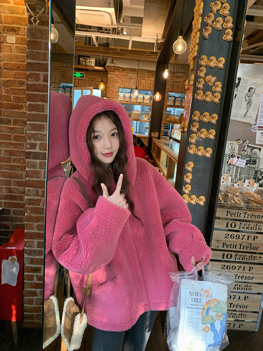 张贝贝重磅环保羊羔毛皮草外套女保暖连帽拉链外套