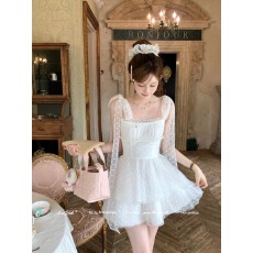 批发Acaine珍珠白茶/中长款<b class='q'>白色</b>网纱波点吊带连衣裙女夏季法式裙子