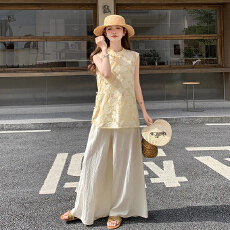 批发新中式国风提花盘扣无袖背心套装女夏新款高级感阔腿裤两件套