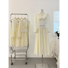 批发陈佳楠 NNSromantic白月光法式重工V领花边小衫/半裙套装女