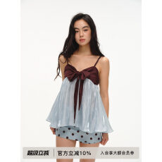 批发lvetong原创设计蝴蝶结系带拼接撞色宽松斗篷A字外穿吊带上衣女夏