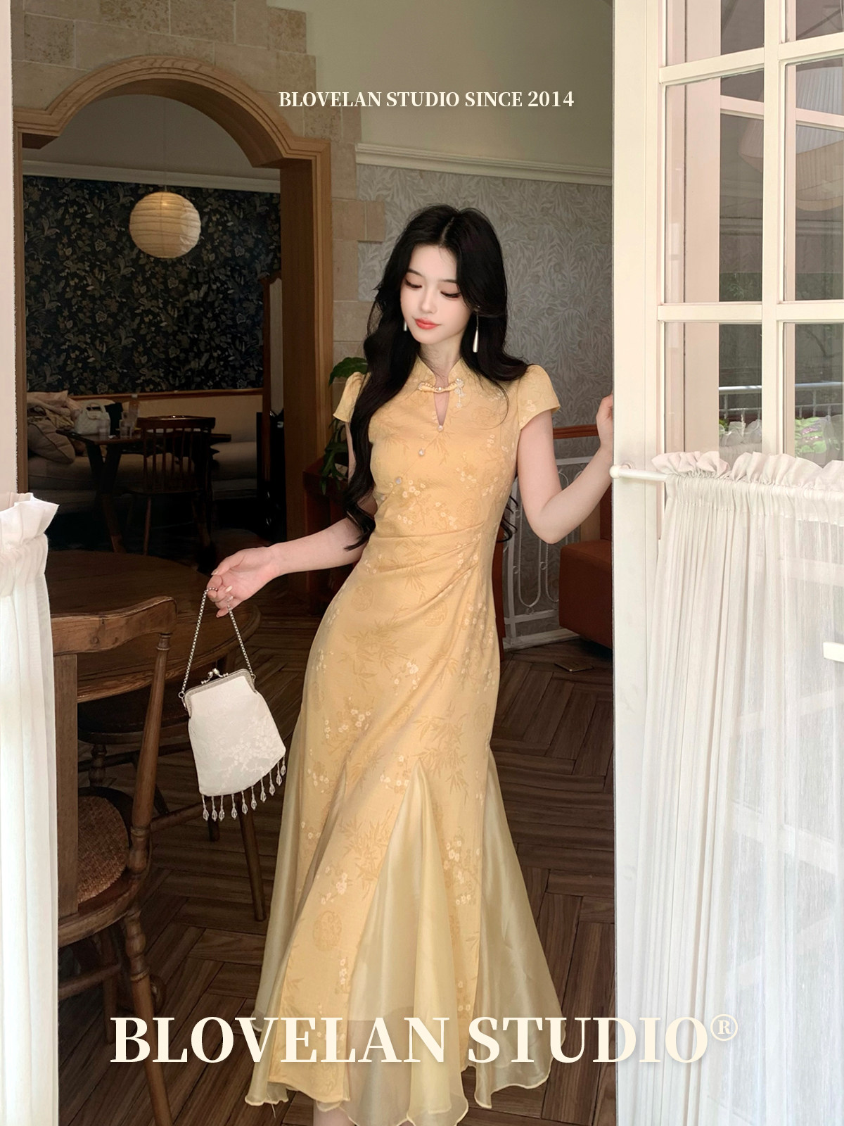 RY7430# Blovelan玉穗金澜 新中式黄色鱼尾改良订婚旗袍温婉气质连衣裙