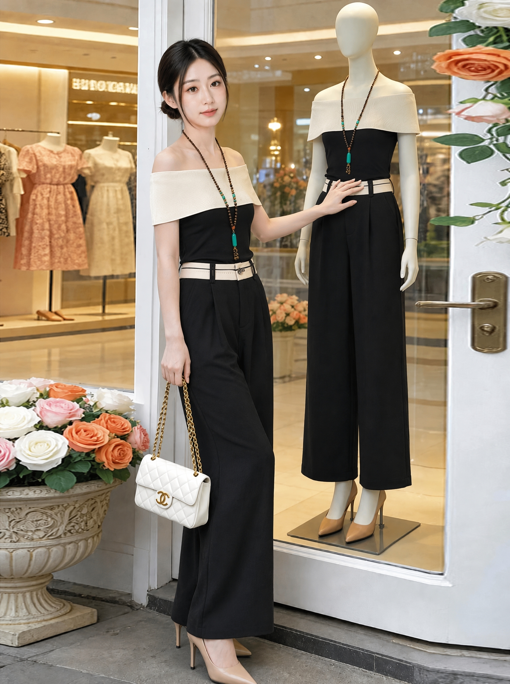 鹭禾恋综女友私服人棉撞色一字领针织衫+天丝猫眼麻西裤  服裝批發女裝批發服飾貨源