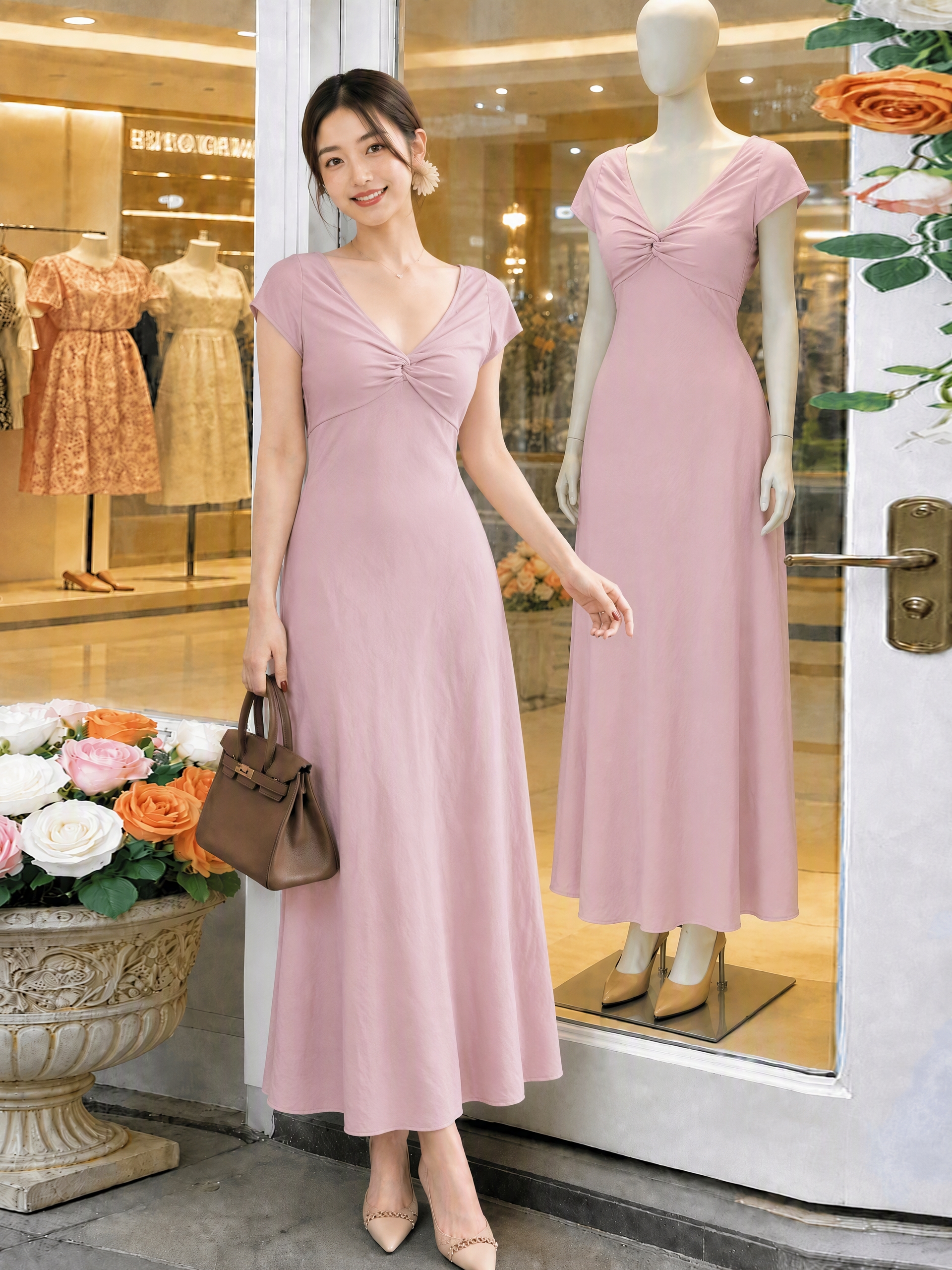 RY8053# 人棉 斜裁修身收腰连衣裙夏新品V领气质粉色长裙