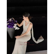 批发春秋法式重工轻奢小众白色丝绒<b class='q'>礼服</b>女年会氛围亮片吊带飘带<b class='q'>长裙</b>