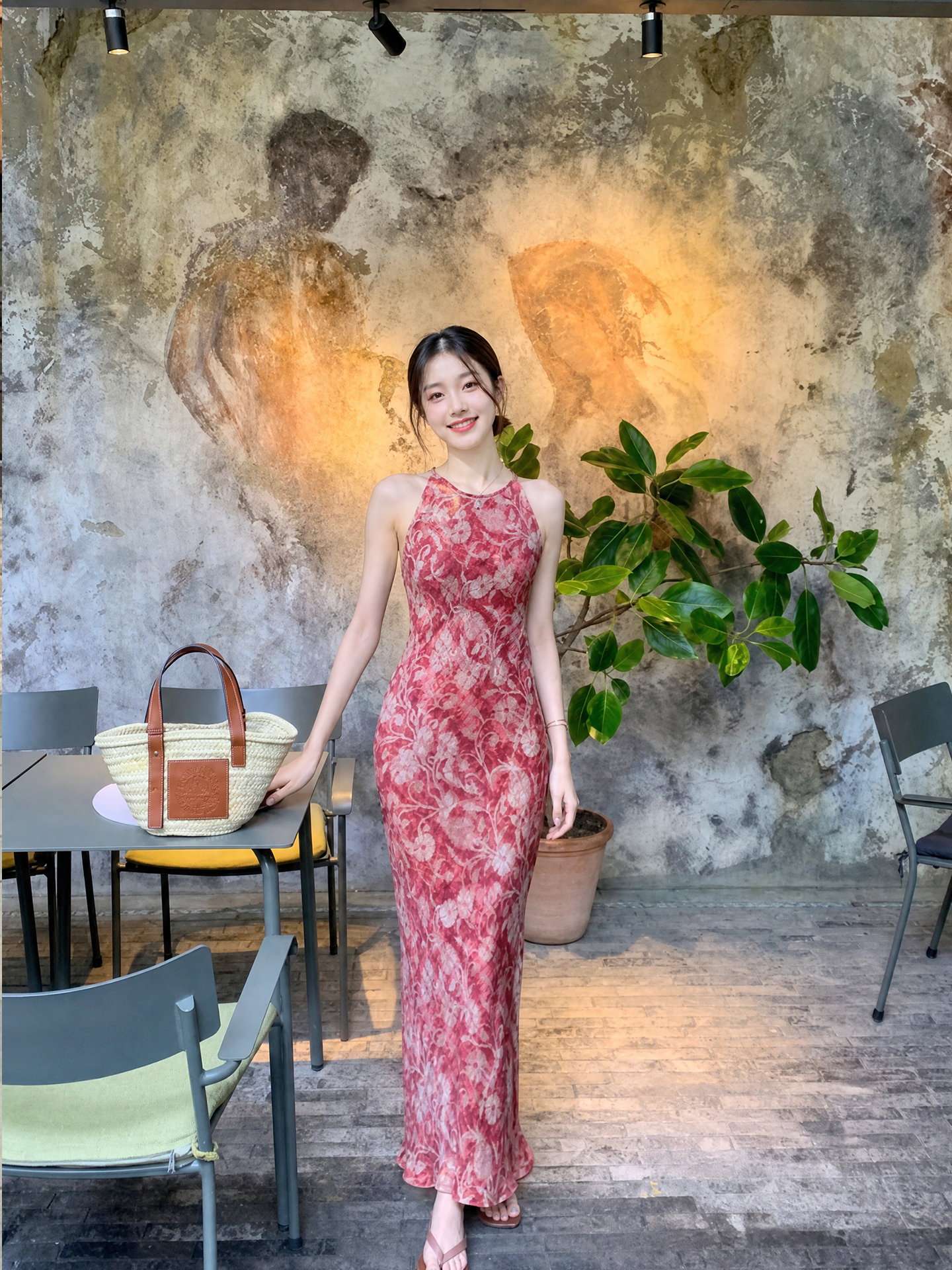RY8048# 法式复古印花修身显瘦背心连衣裙女夏季新款高级感修身显瘦长裙...