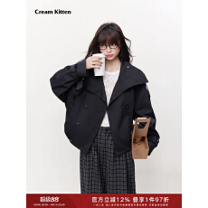 批发Cream Kitten 鎏金诗章 复古立领双排扣短款风衣女秋<b class='q'>冬</b>外套上衣