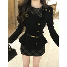 批发越韩小鱼 英伦骑士 法式<b class='q'>名媛</b>气质呢子外套格纹半裙千金风<b class='q'>套装</b>女