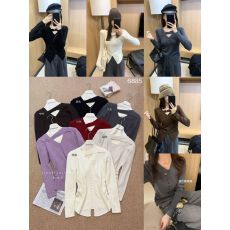 批发韩系轻熟风镂空V领长袖针织衫女设计感褶皱收腰气质T恤