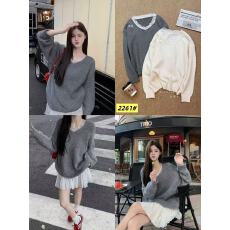 批发韩系蕾丝拼接V领软糯毛衣女冬季新款<b class='q'>甜美</b>风长袖打底衫