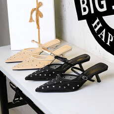 批发法式尖头网纱水钻细跟包头半拖鞋女外穿透气镂空一字带女鞋