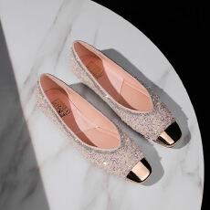 批发欧美风宴会金属方头低跟浅口单鞋女一脚蹬气质珍珠平跟女鞋