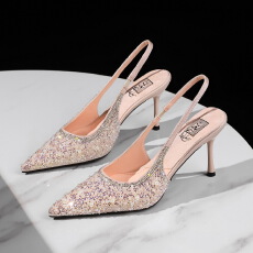 批发<b class='q'>欧美</b>风宴会时尚细跟尖头后空单鞋亮片串珠后绊带高跟女鞋