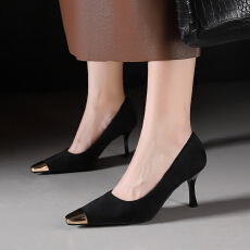 批发法式百搭经典铁头设计性感高跟鞋浅口小方头细跟绒面单鞋女