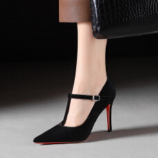 批发<b class='q'>欧美</b>风超高跟鞋女细跟浅口百搭T字扣带气质尖头绒面显瘦单鞋