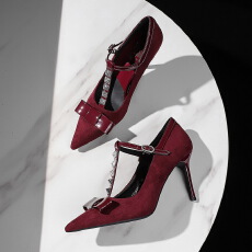 批发<b class='q'>欧美</b>风蝴蝶结水钻T字扣铆钉尖头高跟鞋绒面细跟单鞋女