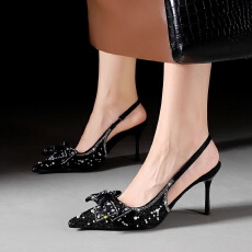 批发韩版尖头浅口水钻亮片蝴蝶结高跟鞋镂空后绊带细跟单鞋女
