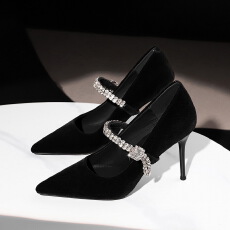 批发<b class='q'>欧美</b>风时尚尖头浅口绒面水钻细跟高跟鞋不累脚一字扣单鞋女