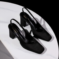 批发欧美风复古绸缎高跟鞋方头浅口后空后绊带粗跟宴会镂空单鞋女