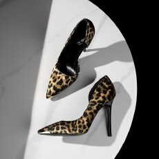 批发欧美复古豹纹高跟鞋尖头浅口侧空金属铁头一脚蹬细跟单鞋女