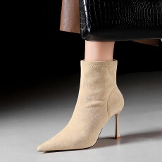 批发法式风优雅时装靴女尖头细跟瘦瘦靴侧拉链高跟高级感短靴女