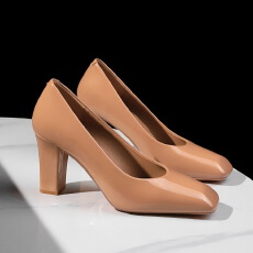欧美风性感高跟鞋女方头浅口漆皮粗跟气质一脚蹬高级感单鞋女