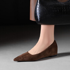 法式气质小尖头单鞋浅口绒面内增高休闲百搭工作飘鞋通勤女鞋