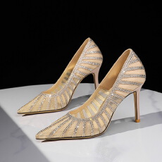 批发欧美气质尖头浅口一脚蹬水钻装饰网纱蕾丝高级感细跟单鞋女